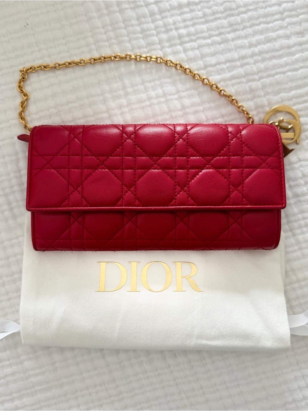 Dior Pre-owned Quilted Red Lambskin Leather Chain Wallet with Gold Hardware
